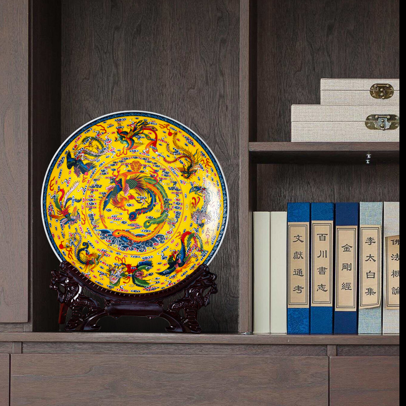 Jingdezhen ceramic longfeng home desktop rich ancient frame of Chinese style porch decoration plate wine sitting room adornment furnishing articles