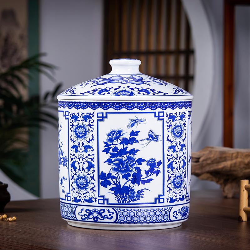 Jingdezhen ceramic seal as cans of blue and white porcelain tea caddy fixings bread seven storage barrel drum extra large household decoration