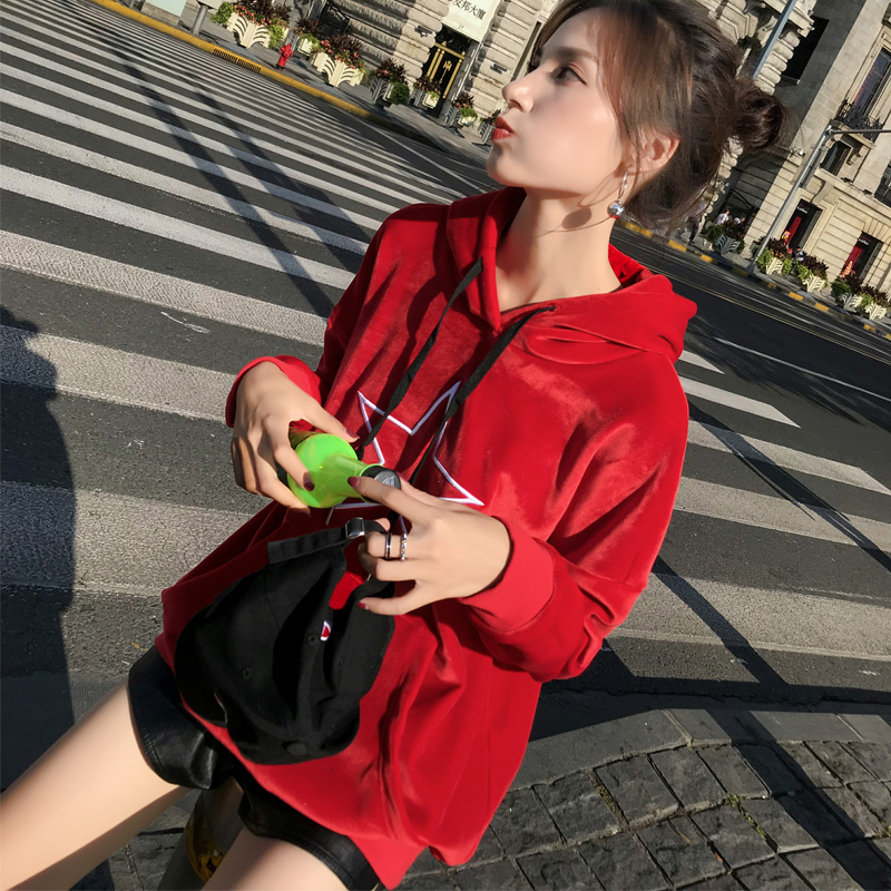 金丝绒卫衣女2019新款韩版宽松oversize连帽加绒加厚外套女潮ins