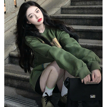 2021 new autumn and winter collar oversize plus velvet thickened Tide brand national tide American green sweater coat women