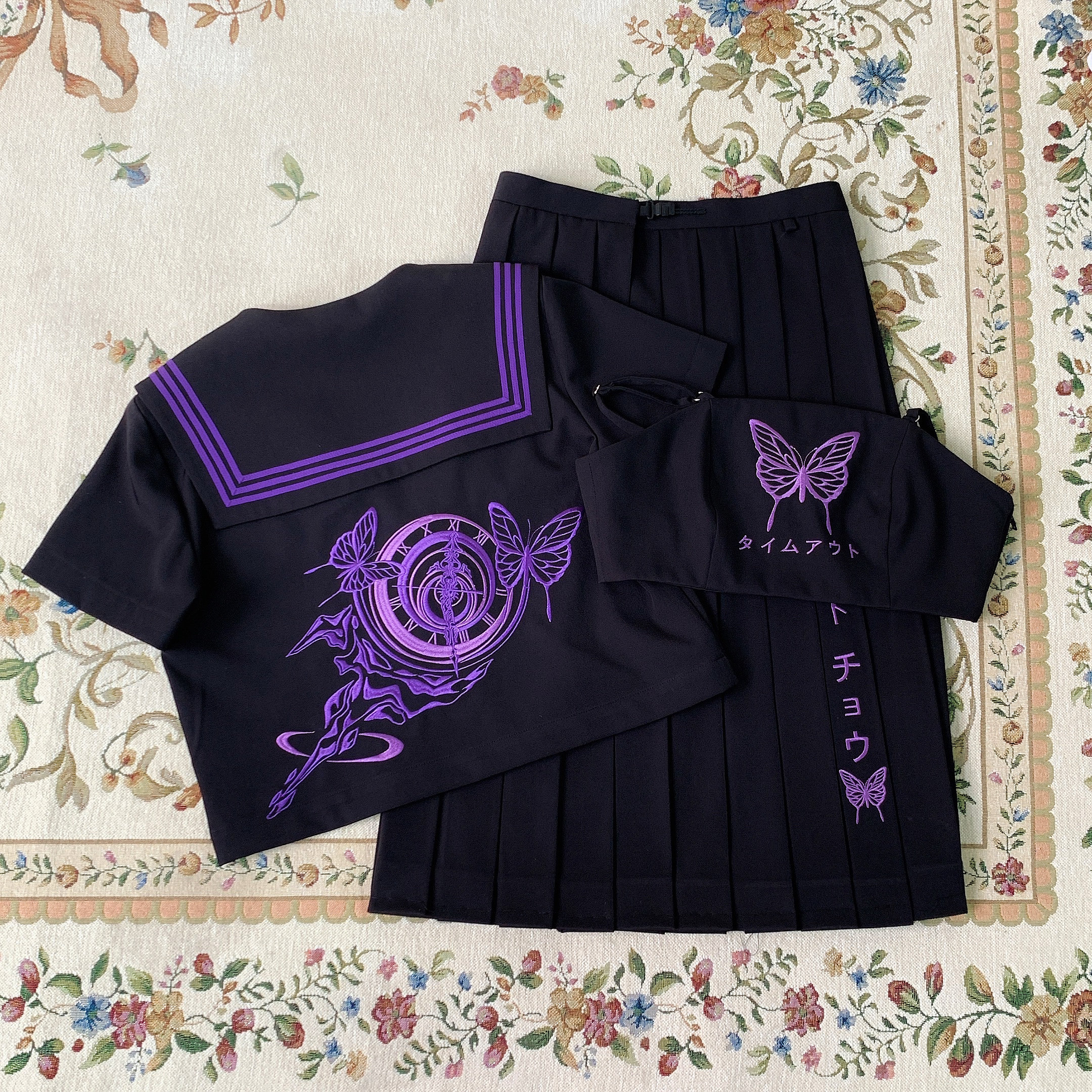 猫圆圆原创重工刺绣夏服正统不良jk制服黑紫