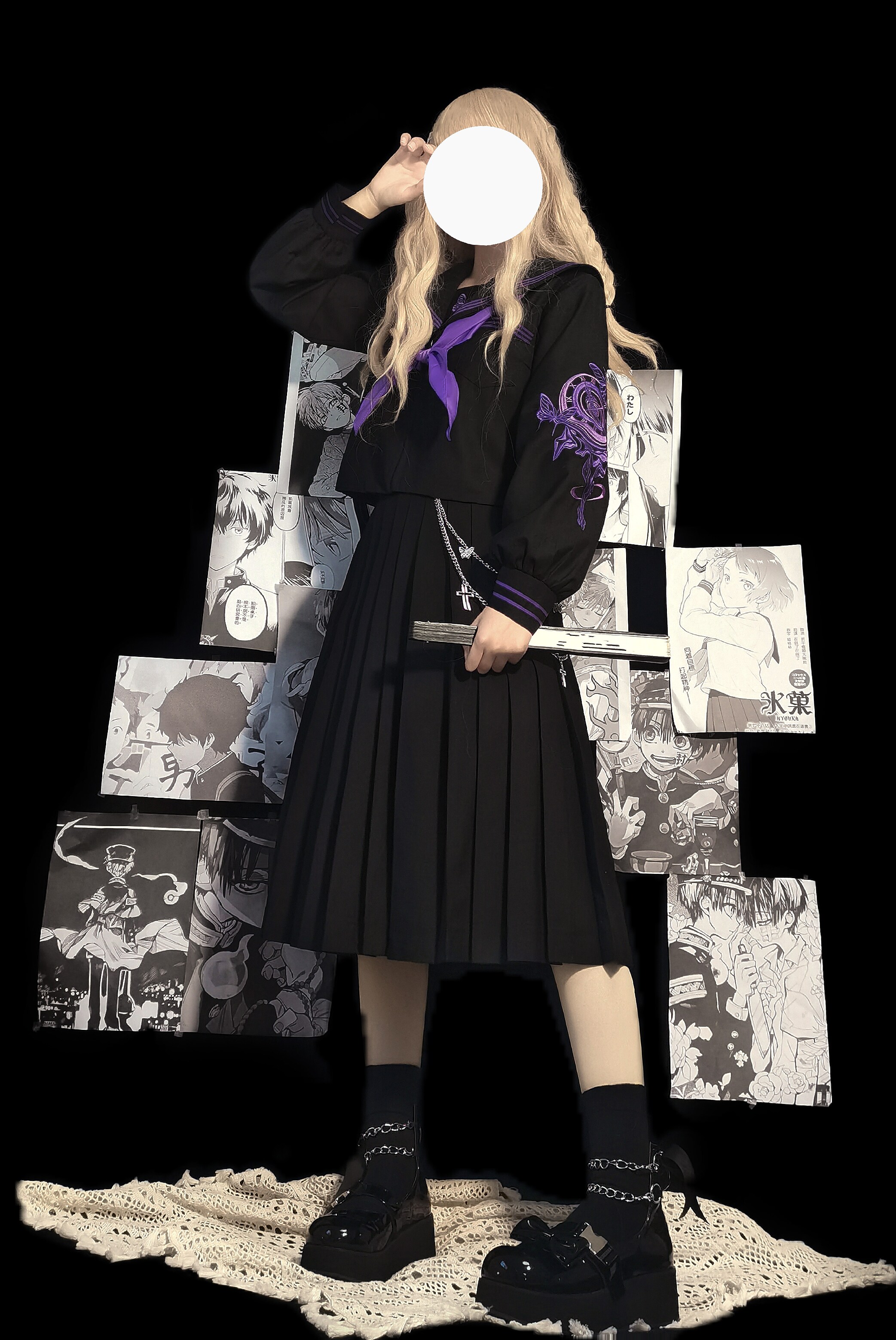 猫圆圆原创重工刺绣夏服正统不良jk制服黑紫