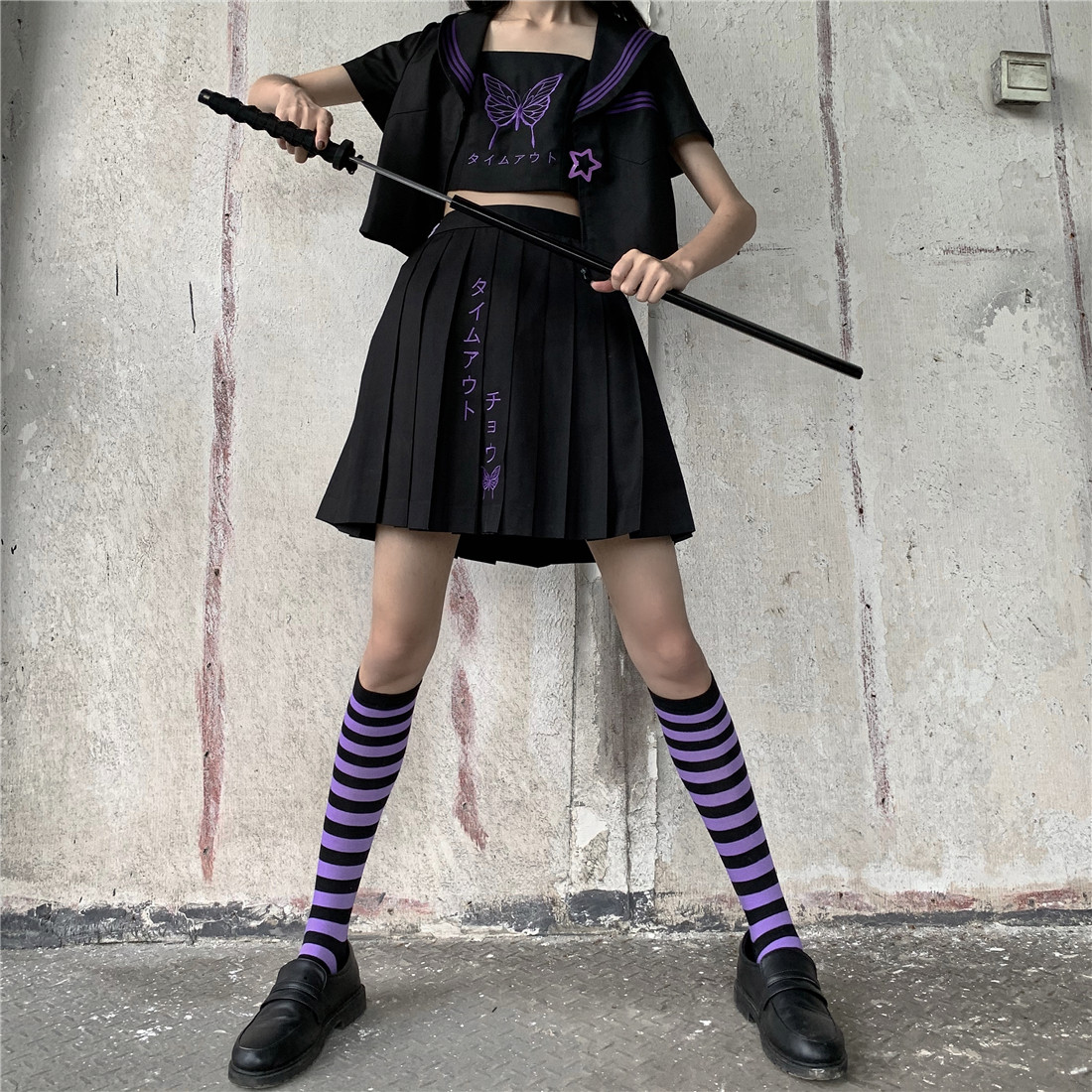 猫圆圆原创重工刺绣夏服正统不良jk制服黑紫