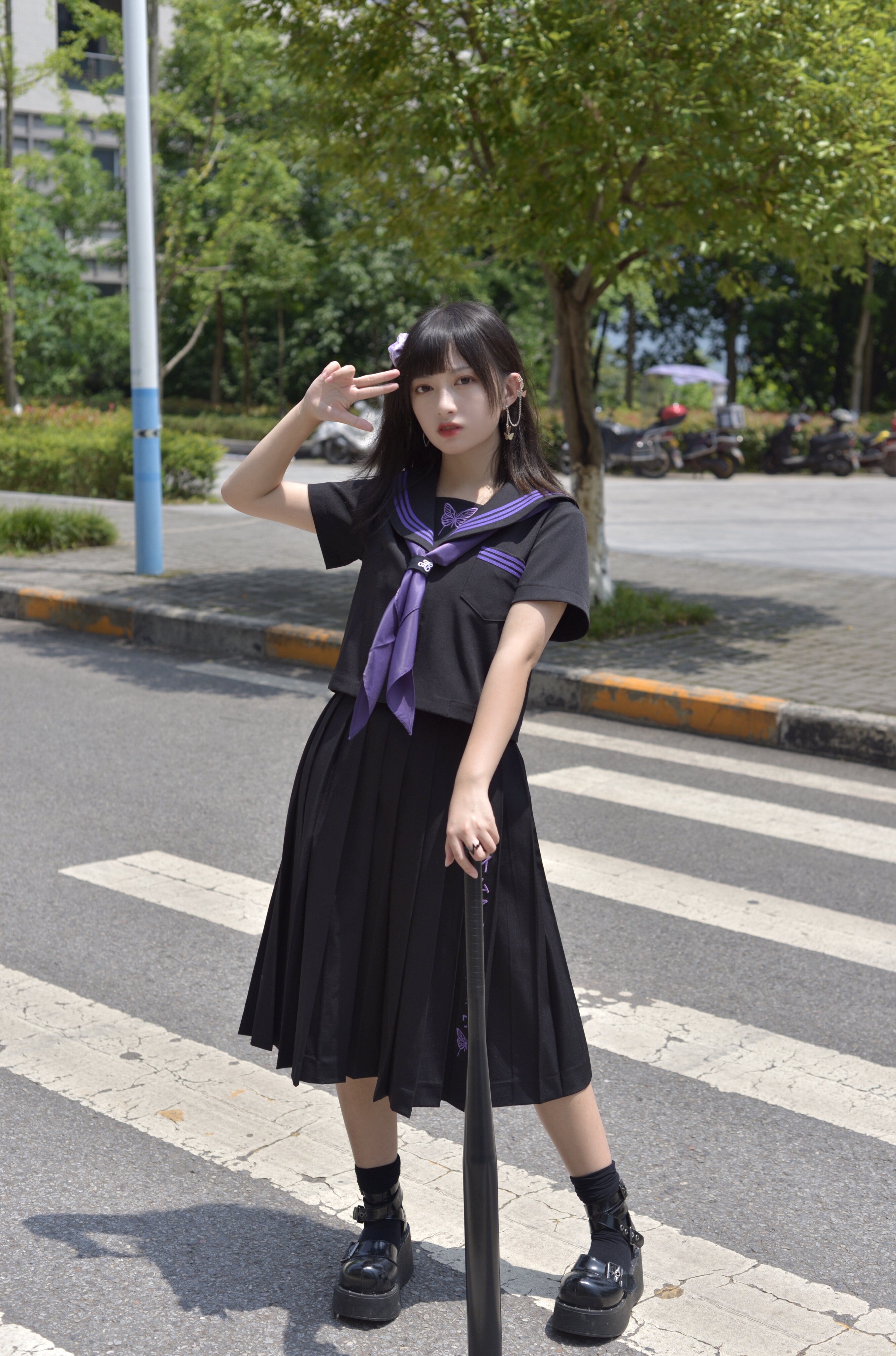 猫圆圆原创重工刺绣夏服正统不良jk制服黑紫