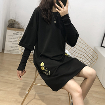 Plus size womens 2019 spring dress 200 Jin fat sister loose thin cover belly fake two dress hidden meat