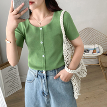 2021 summer new large size ice silk knit sweater square collar short sleeve T-shirt female fat sister slim slender base coat tide