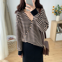 Large size womens clothing autumn and winter fashion striped sweater Fat sister top Wild loose cover meat thin base sweater