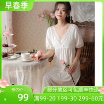 Fa-style retro palace Palace Wind Sleeping Skirt Woman Summer Short Sleeve Long Dress Sweet princess pure desire home Sexy Deep V Collar