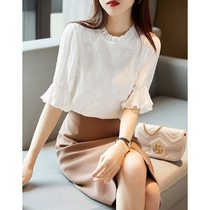 FENPERATE heavy industry embroidered wooden ear lace shirt Womens 2021 summer New temperament white foreign small shirt