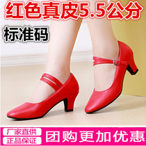 Real Leather Latin Dance Shoes Female Adults Low Heel Choreography Shoes Womens Dancing Shoes Square Dance Morden Dance Shoes Red