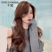 Wig female oblique bangs long curly hair real hair silk long hair full head set real hair true natural wave roll