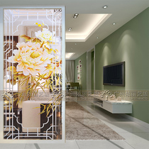 Carved art glass screen partition porch living room entrance background wall shoe cabinet carving frosted transparent peony flower