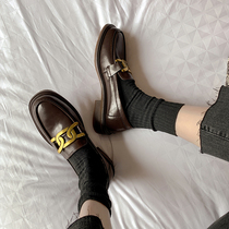 ins blogger super love ~ new genuine leather square head metal buckle flat bottom single shoe woman sloth a foot pedal lefu shoes