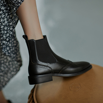 ins chants self-left ~ genuine leather carvings Inron short boots womens single boots retro Chelsea boots flat bottom Martin boots