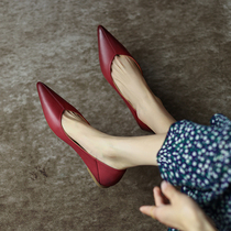 ins minimalist look ~ however new genuine leather shallow mouth pointed flat heel with single shoe woman shoes retro little leather shoes