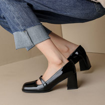 ins soft ~ jumbo good wearing a new retro genuine leather shallow mouth high heel Mary Jane shoes coarse heel and extremely minimalist slippers single shoes