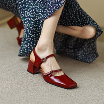 Mary Jane shoes ~ new genuine leather with thick heel rear empty Roman sandals women summer wine red square head heels high heel shoes