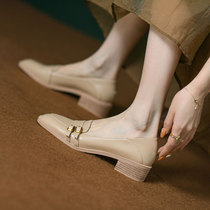 ins original design new genuine leather square head strap buckle in coarse heel single shoe woman One foot pedal sloth lefu shoes