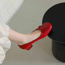 Chanel original ~ Giant good wearing a new goat leather shallow mouth coarse heel single shoe female butterfly knot square head grandma shoes