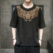 Summer Improvement Hanfu Men Chinese Vintage Retro Linen Embroidery Short Sleeve Buddhare mens clothing round collar Chinese Wind Great Code T-shirt