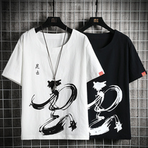 Summer Chinese style printed coat young mens short sleeve Tang suit Chinese ancient style mens Buddha T-shirt meditation dress