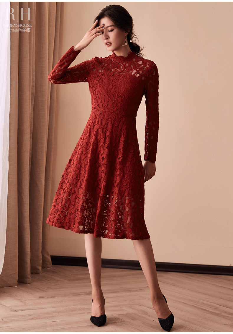 原创蕾丝连衣裙2018秋冬装新款气质红色修身优雅大摆裙子