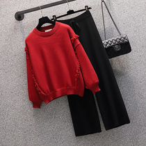 Big Code Women Dress Middle-aged Fat Moms Autumn Winter New Lazy Wind 100 Lap Sweater High Waist Knitted Broadlegged Pants Two-piece Set