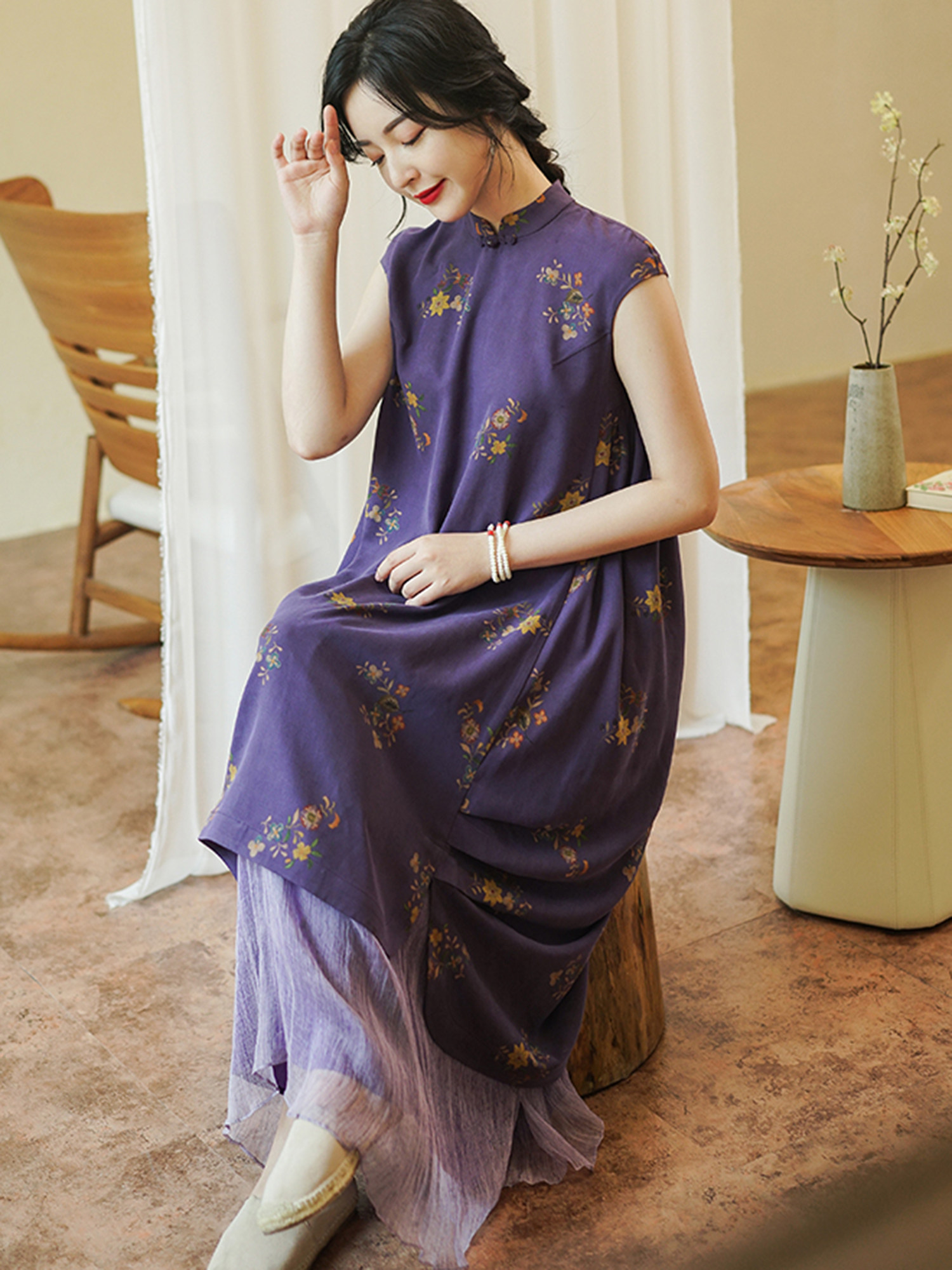 朱氏原创绢纺香云纱真丝宽松连衣裙