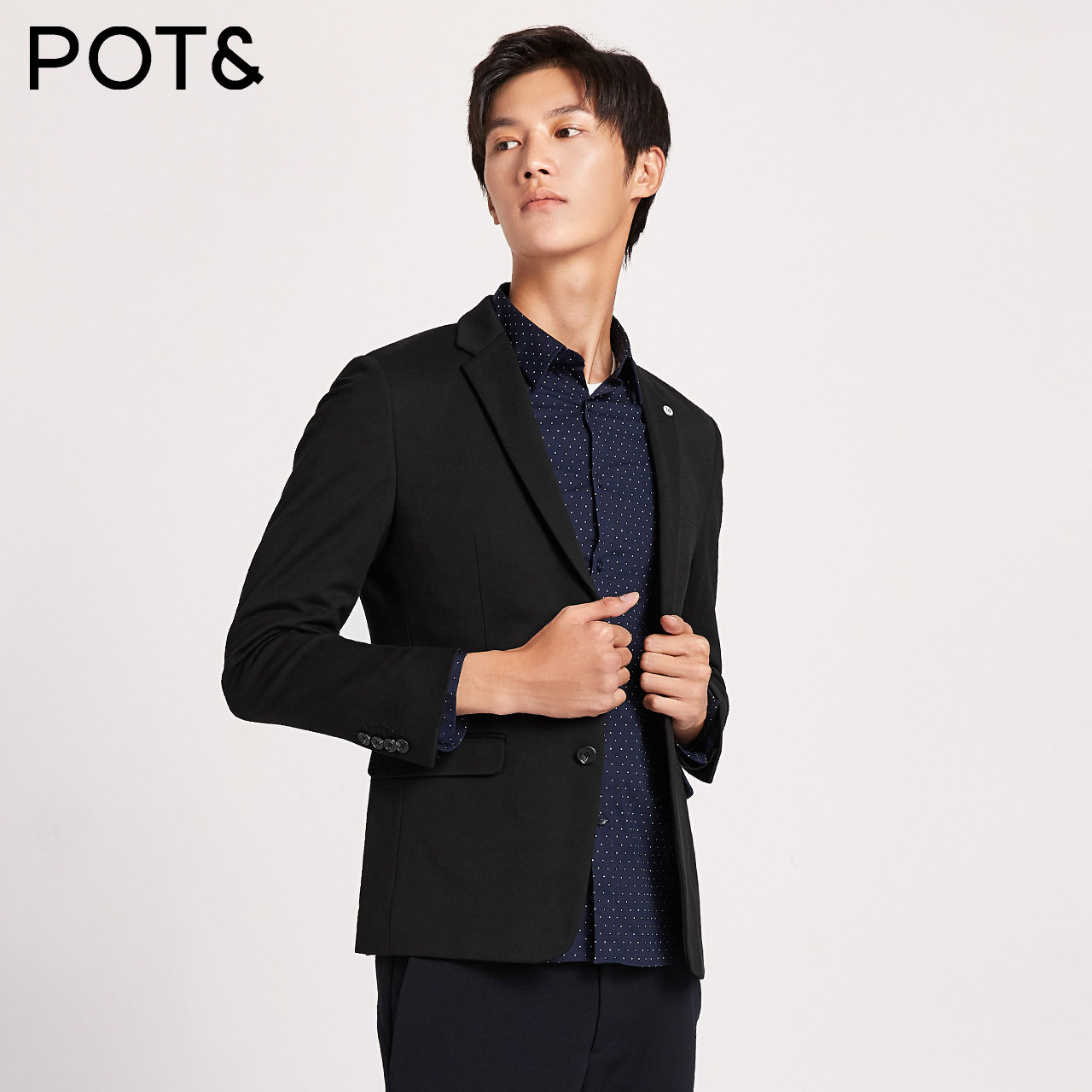 pote拉夏贝尔男装 2018新品针织罗马布平驳领西服休闲男士西装