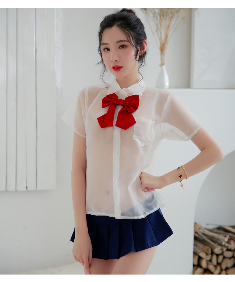 2020新款性感情趣内衣蝴蝶结制服水手透明套装女可爱学院风家居服-芊