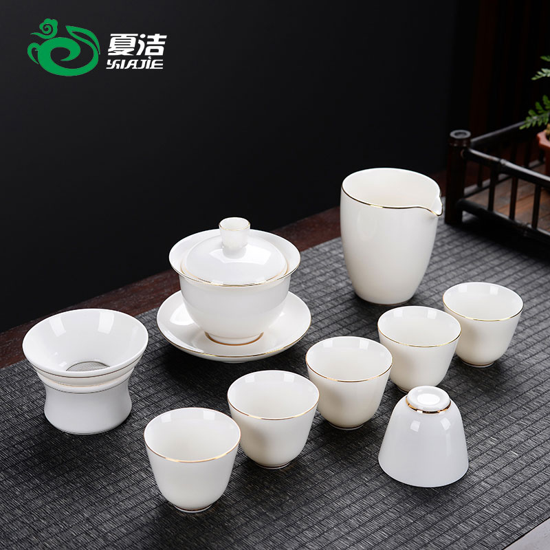 Sheep fat jade Dehua White porcelain Ceramic Kung Fu tea set Household tea cup Office living room Bone China cover bowl