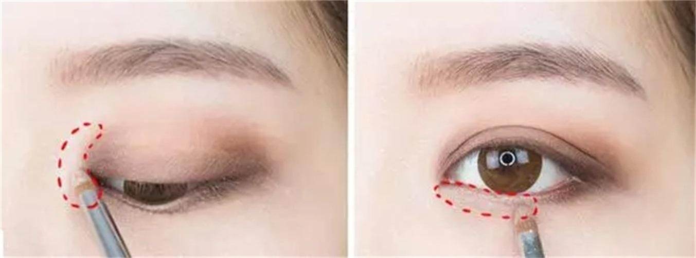 在眼头和下眼睑前端位置涂抹上白色珠光眼影,起到提亮作用.