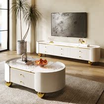 Light Extravagant TV Cabinet Tea Table Combination Modern Minima Living Room Small Family Oval Harbor Style Bedroom Grilled Lacquered Rock Board Ground Cabinet