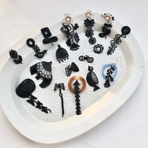 SHUNA Black Magic Japanese designer black lace tassel asymmetric handmade earrings ear clips