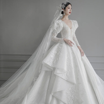 Wedding Dress 2021 New Bridal Temperament Long Sleeve V Collar Method Main Tug Tail Advanced Texture Palace Wind Winter Summer