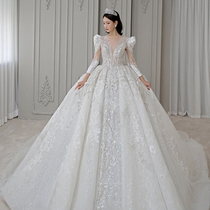 Wedding dress 2021 new bridal style main yarn big trailing V collar Long sleeves High feeling palace windy heavy work extravagant winter