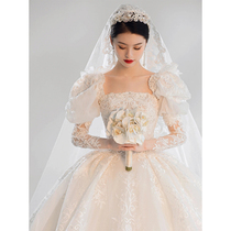 Main wedding dress 2021 new bridal style straight shoulder large trailing advanced texture Hepburn palace windy long sleeve winter