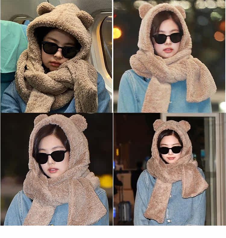 jennie同款小熊护耳朵围巾帽子一体秋冬保暖百搭可爱两件套围脖女