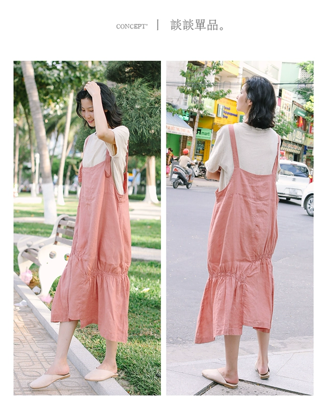 Keran, Mianyi, váy dây treo màu hồng giảm tuổi với lá sen, váy vải cotton và vải lanh dài rộng vào mùa hè, nghệ thuật dành cho phụ nữ - váy đầm