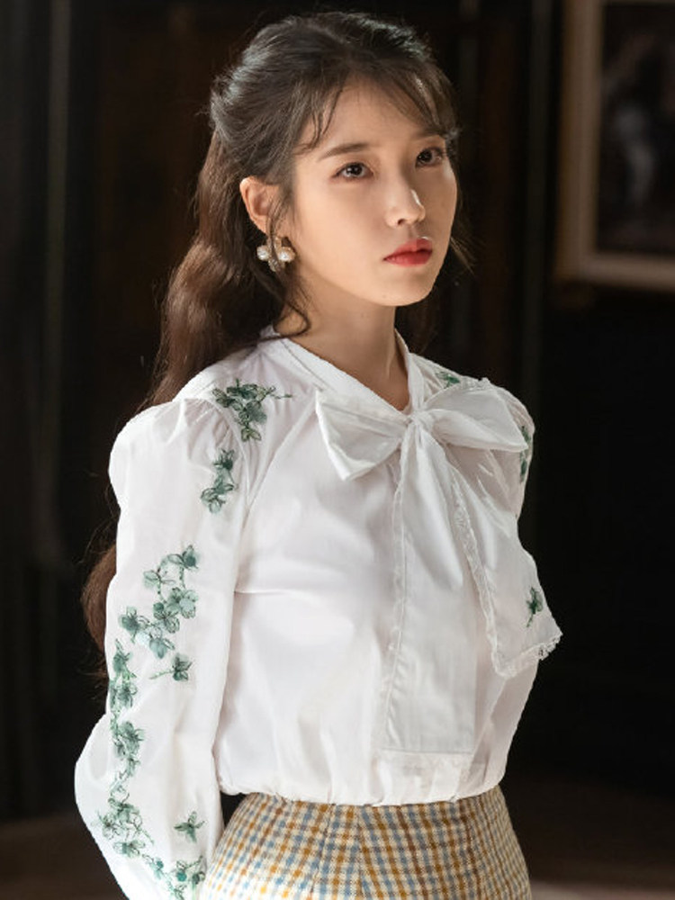 鲁纳酒店同款衣服iu李智恩衬衫蝴蝶结刺绣衣服鱼尾裙半身裙两件套