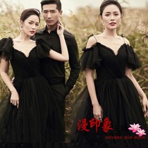 Photo studio theme exterior Black deep V-collar halter dress couple photo wedding dress photo party performance costume