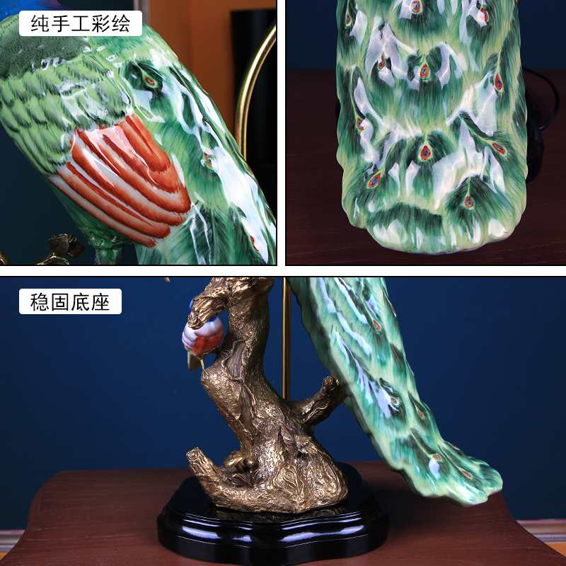 European rural peacock lamp ceramic with copper household soft adornment American living room desk lamp of bedroom the head of a bed is placed