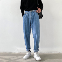 Straight jeans mens trendy brand ins loose casual trousers Korean version of the trend wide leg pants Joker Harlan Daddy pants