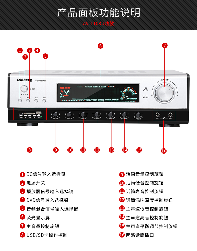 qisheng/奇声 av-1103u蓝牙功放机家庭影院家用大功率专业av功放_7折