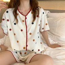 S F Elizaba niche design sense~Light cooked short-sleeved rainbow polka dot pajamas womens pure cotton thin home clothes