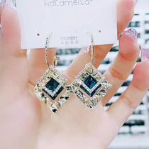 925 silver needle new Korean temperament fashion blue square crystal geometric atmosphere C earrings red rhinestone earrings