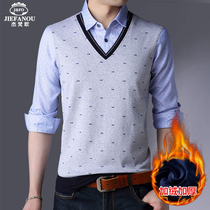 Winter velvet thickened warm shirt collar fake two-piece sweater mens 2021 new mens shirt fake collar tide