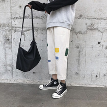 2020 spring and summer casual pants men Korean version of the trend loose straight tube ankle-length pants patch Tide brand hole Joker pants