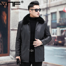 Autumn and winter Haining leather down jacket mens mink lapel mid-length sheep leather jacket warm jacket