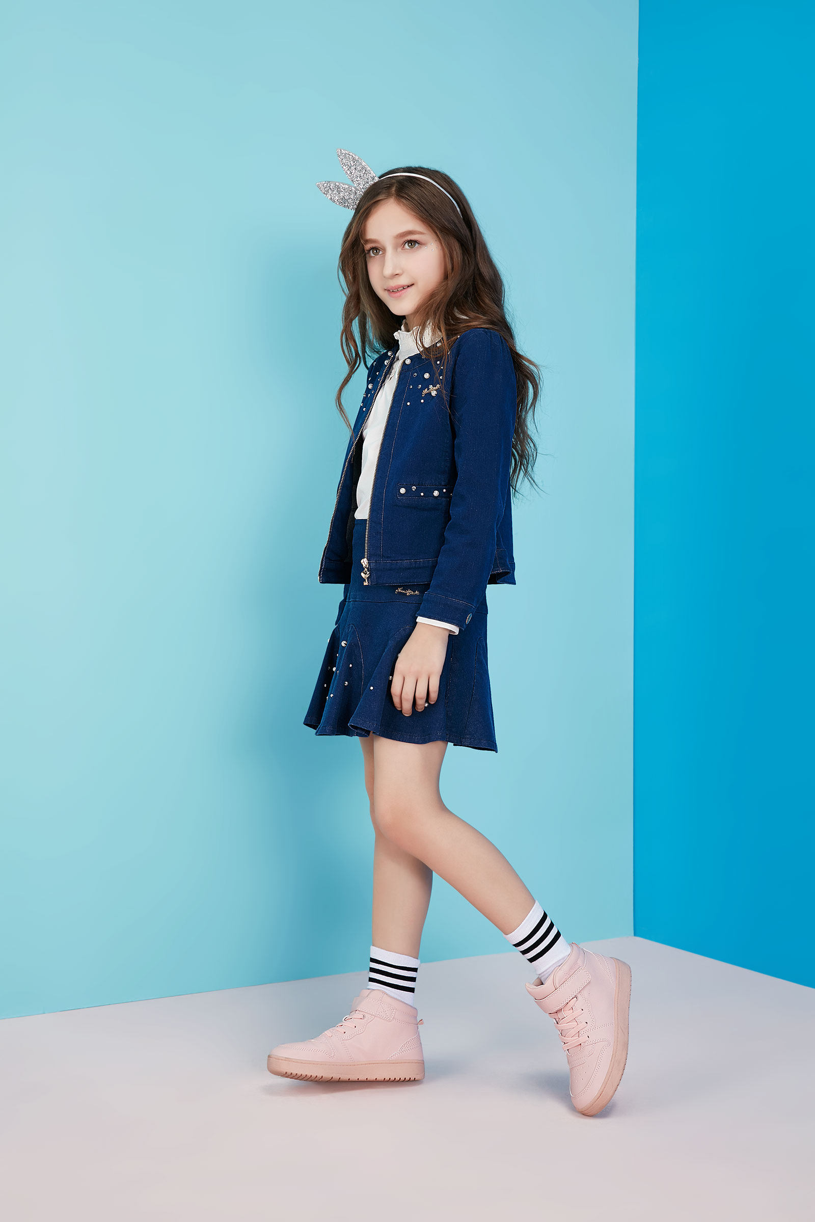 安奈儿女童牛仔外套2017秋冬新款 中大童圆领珍珠夹克 潮ag735559